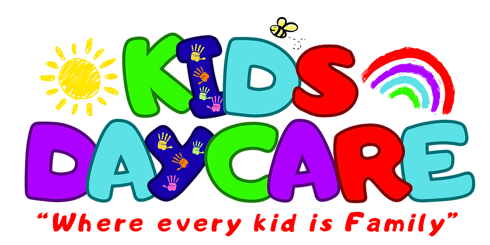 Colorful KIDS Daycare logo with sun and rainbow featuring the slogan 'Where every kid is Family