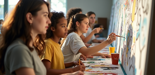 A-diverse-group-of-young-people-collaborating-on-an-art-mural-in-a-bright-community-space-