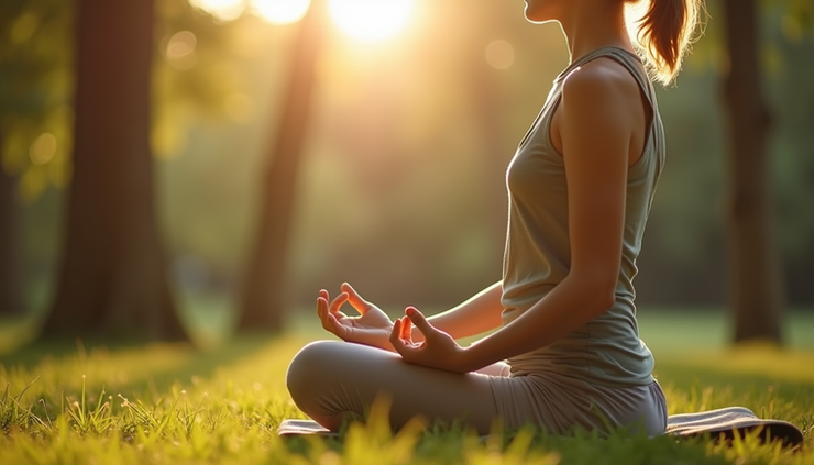Vista frontal de uma pessoa meditando ao ar livre em um parque tranquilo