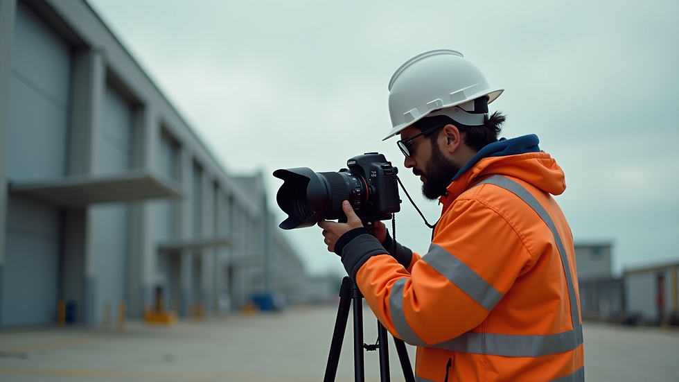 Vista aérea de equipo técnico preparando cámara para grabación en locación exterior