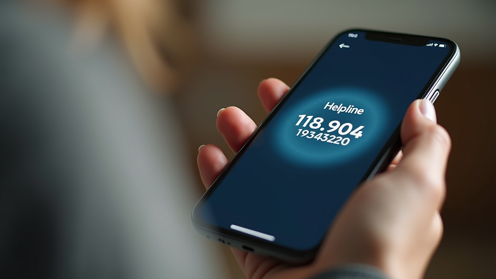 Close-up view of a phone displaying a helpline number for addiction support