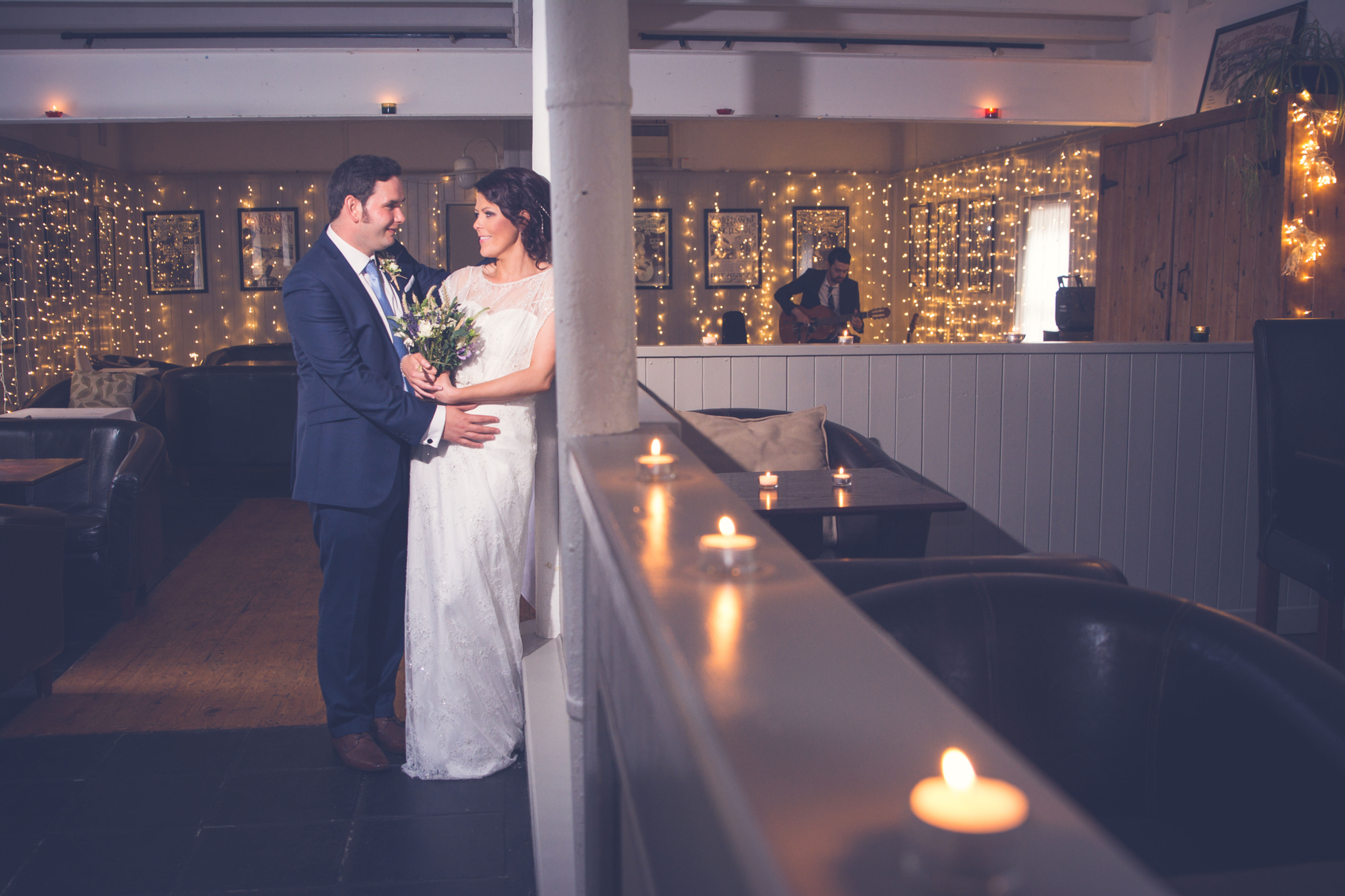 wedding photo of a bride and a groom in a bar