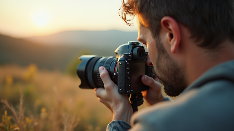 Eye-level view of a photographer adjusting camera settings outdoors