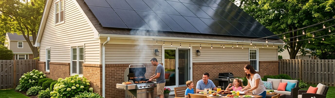Family having a barbecue in front of a house with solar panels