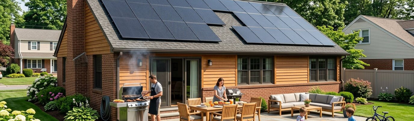 Famille dans la cours d'une maison avec des panneaux solaires sur le toit
