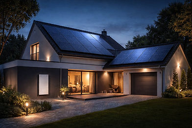 Maison moderne avec des panneaux solaires la nuit