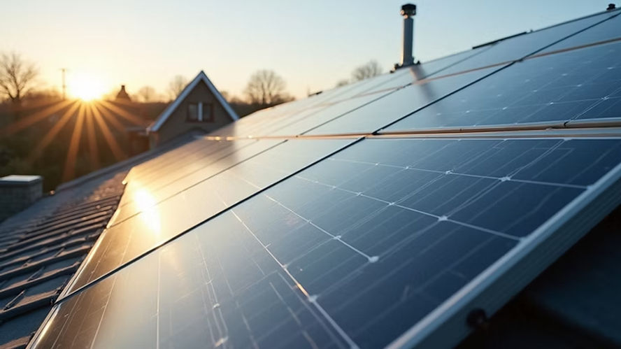 Panneaux solaires sur un toit au coucher du soleil