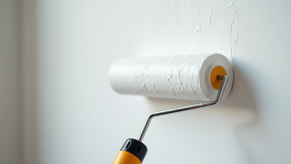Eye-level view of a paint roller applying white paint on a wall
