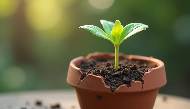 Eye-level view of a cracked clay pot with a small plant growing inside