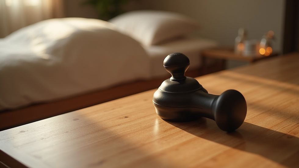 Close-up view of a handheld massage device on a wooden table