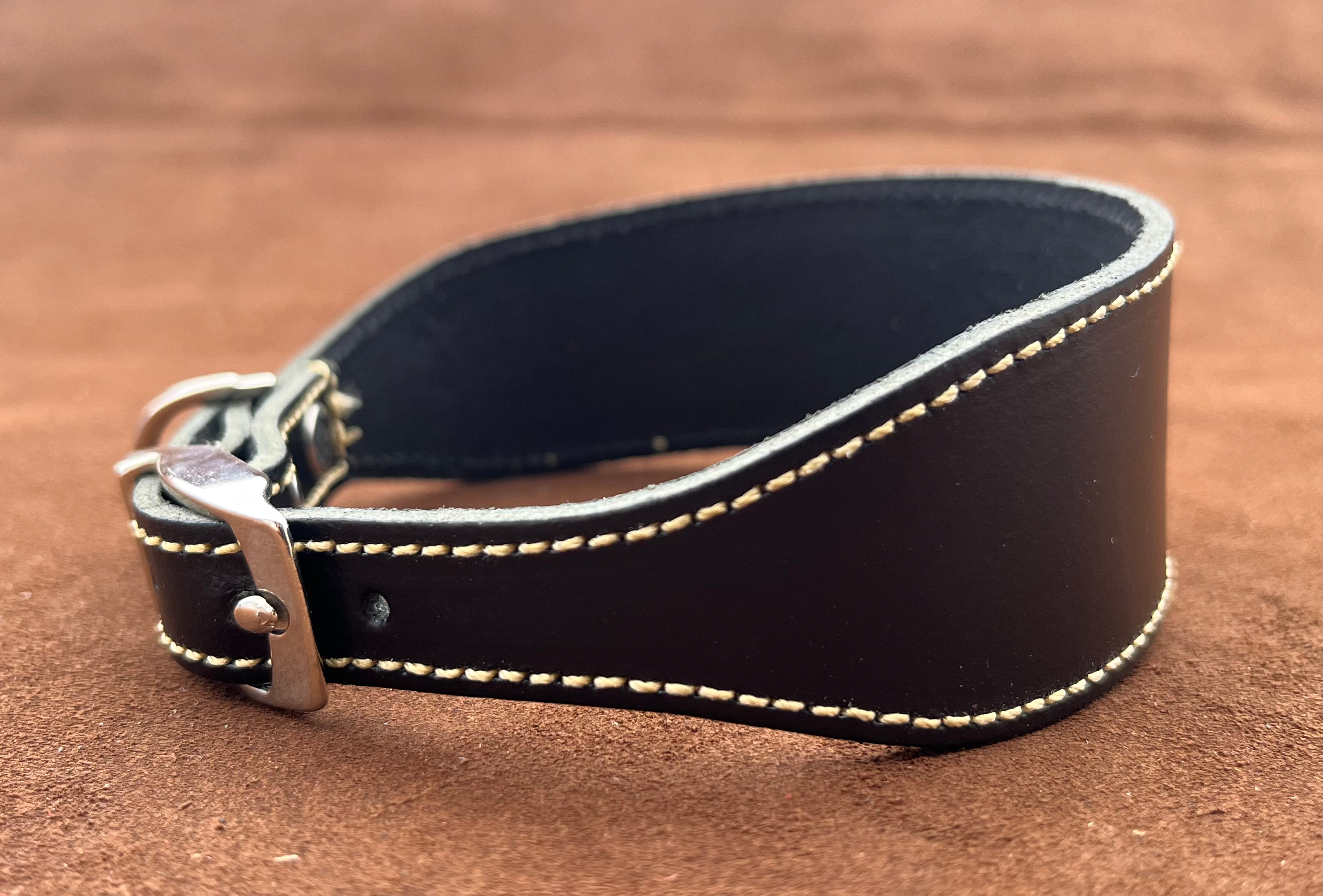 Black, Cream Stitch Real Leather Greyhound / Whippet / Lurcher Dog Collar