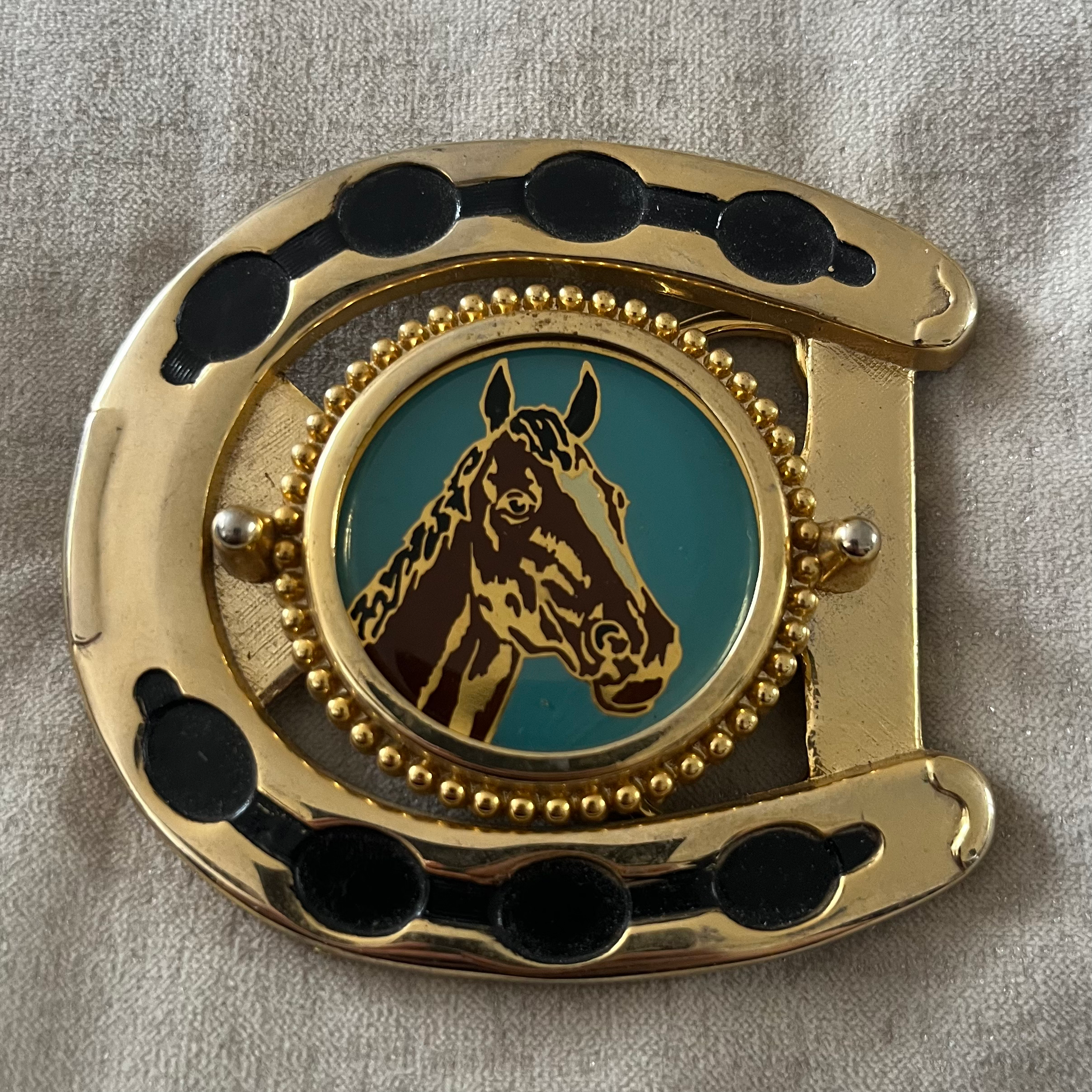 Gold and Black Horse Show Buckle With Horse Centre