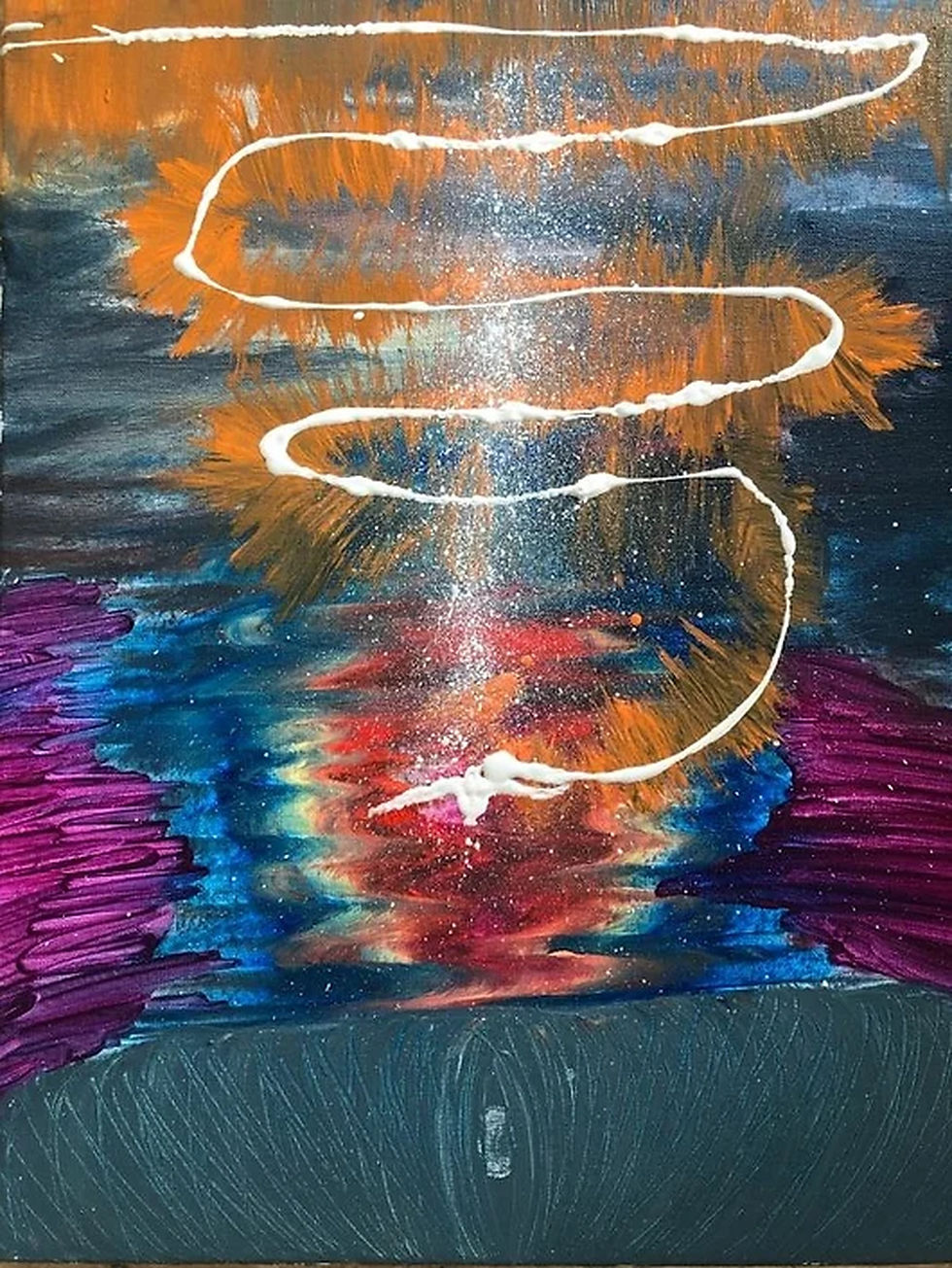 Abstract painting with swirling orange, blue, pink, and a white spiral