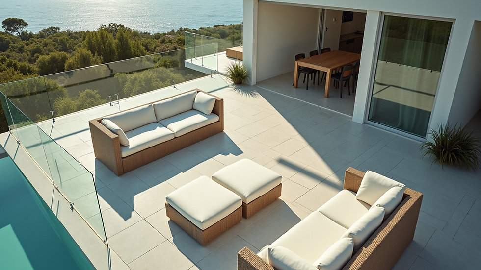 High angle view of a modern deck with glass railings and minimalist furniture