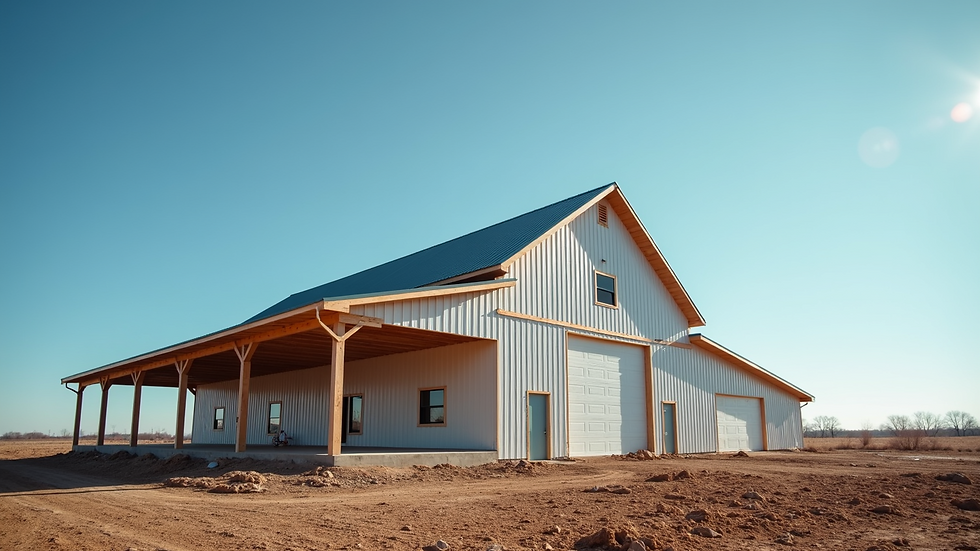 Eye-level view of a newly constructed pole barn with a clear blue sky