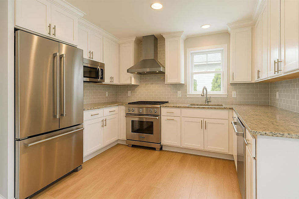 Modernized kitchen with stainless steel appliances, white cabinets, granite countertops, and light wood flooring. Bright and clean atmosphere.