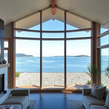 Bay windows view of beach.