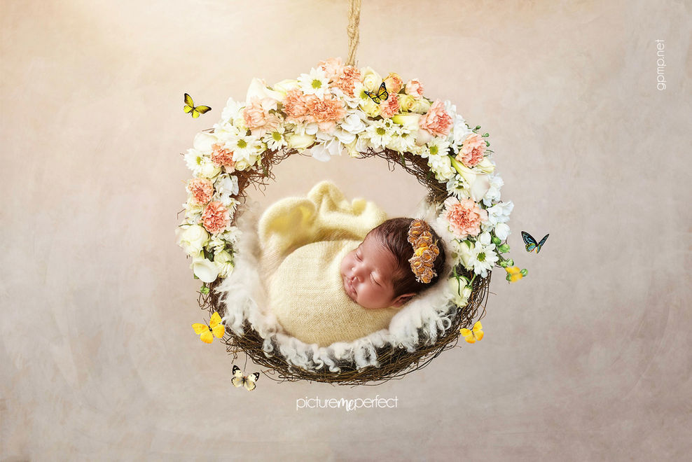 Newborn asleep in floral wreath with butterflies. yellow shades. Miami Lakes,Loch Lomond