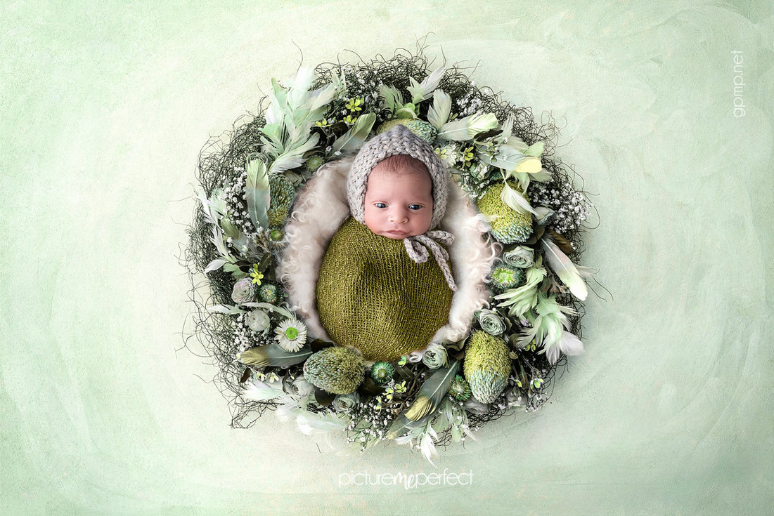 Awake newborn in a green wrap and knit hat in a floral nest, At her home in Miami Lakes Main Street area
