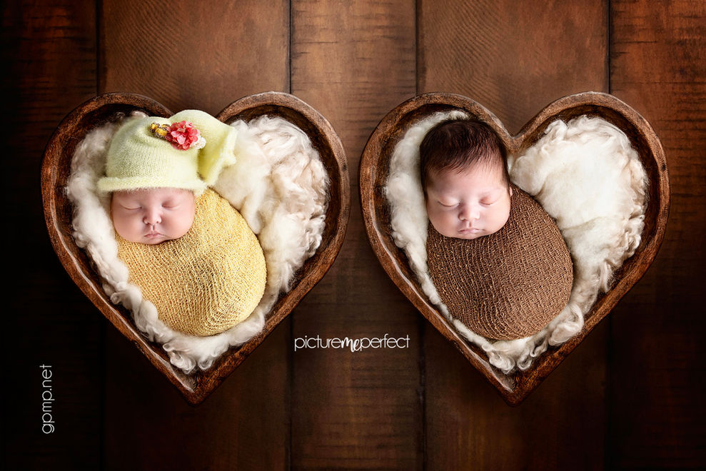 twins newborn babies sleeping in heart-shaped wooden bowls. Miami photo session at Sunset Falls