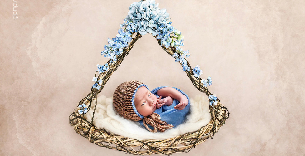 Awake newborn in a blue wrap resting in a floral swing . In-Home photo shoot at Miami , Savanna