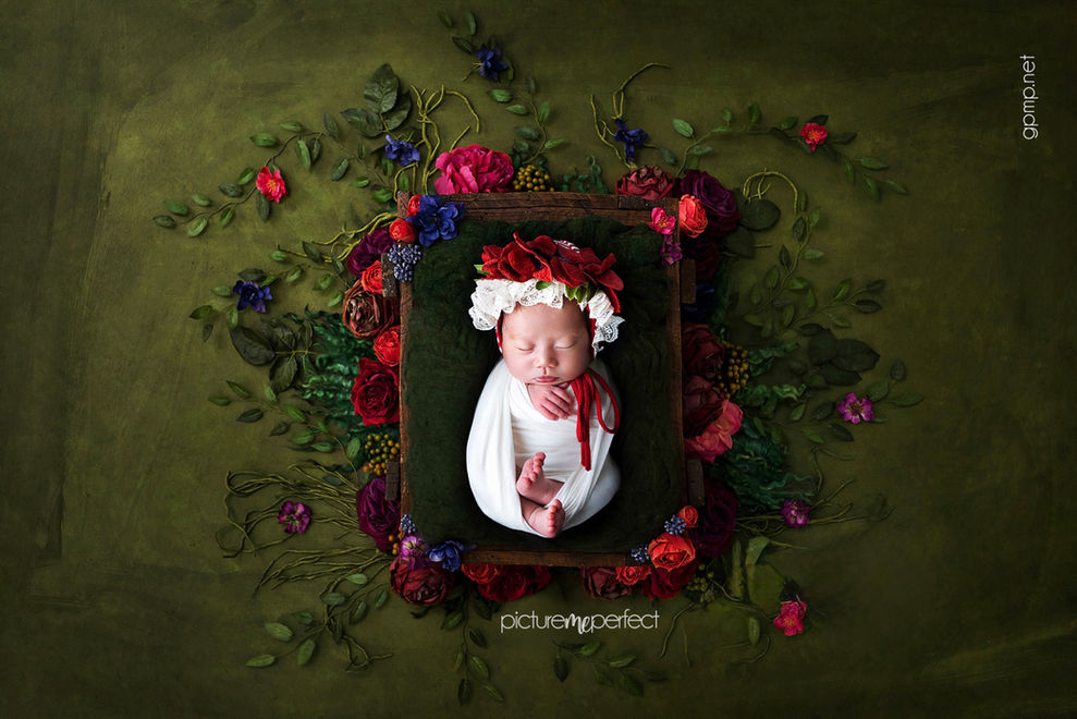 Sleeping newborn baby with floral bonnet in a floral frame, West Miami
