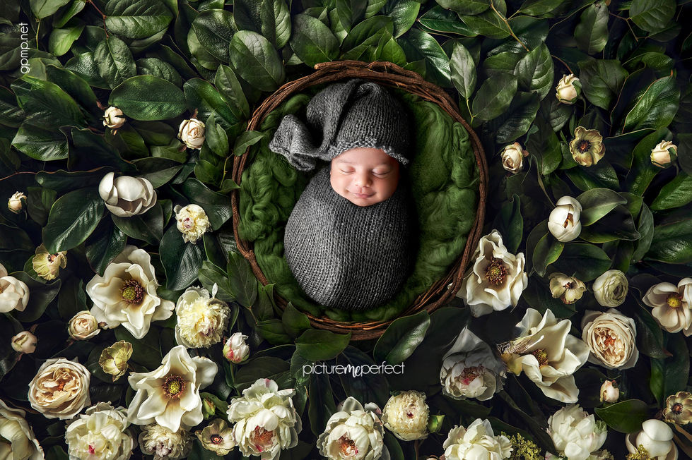 Sleeping happy newborn in grey swaddle, surrounded by leaves and flowers, Miami photo shoot at Pembroke Shores