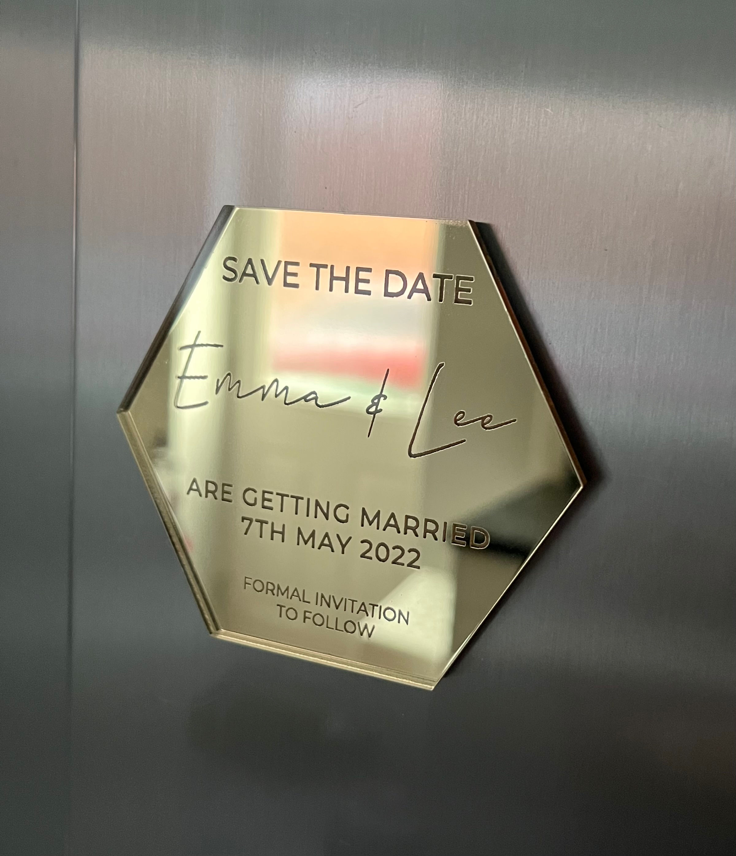 Personalised Engraved 'Save The Date' Acrylic Hexagon with Optional Magnet