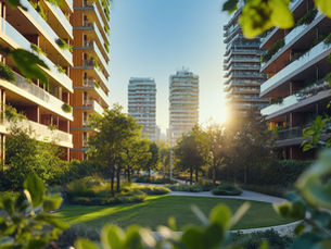 Modern architectural buildings representing environmental responsibility.