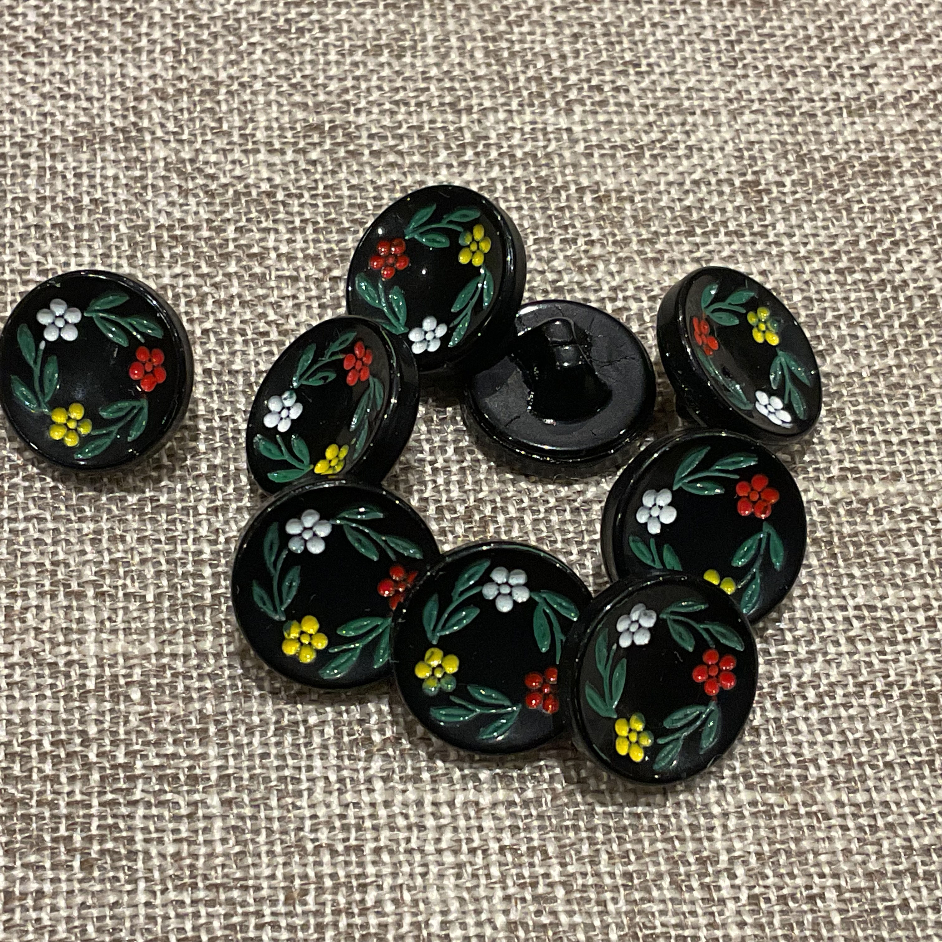  Vintage Small Black Glass Floral Buttons x6