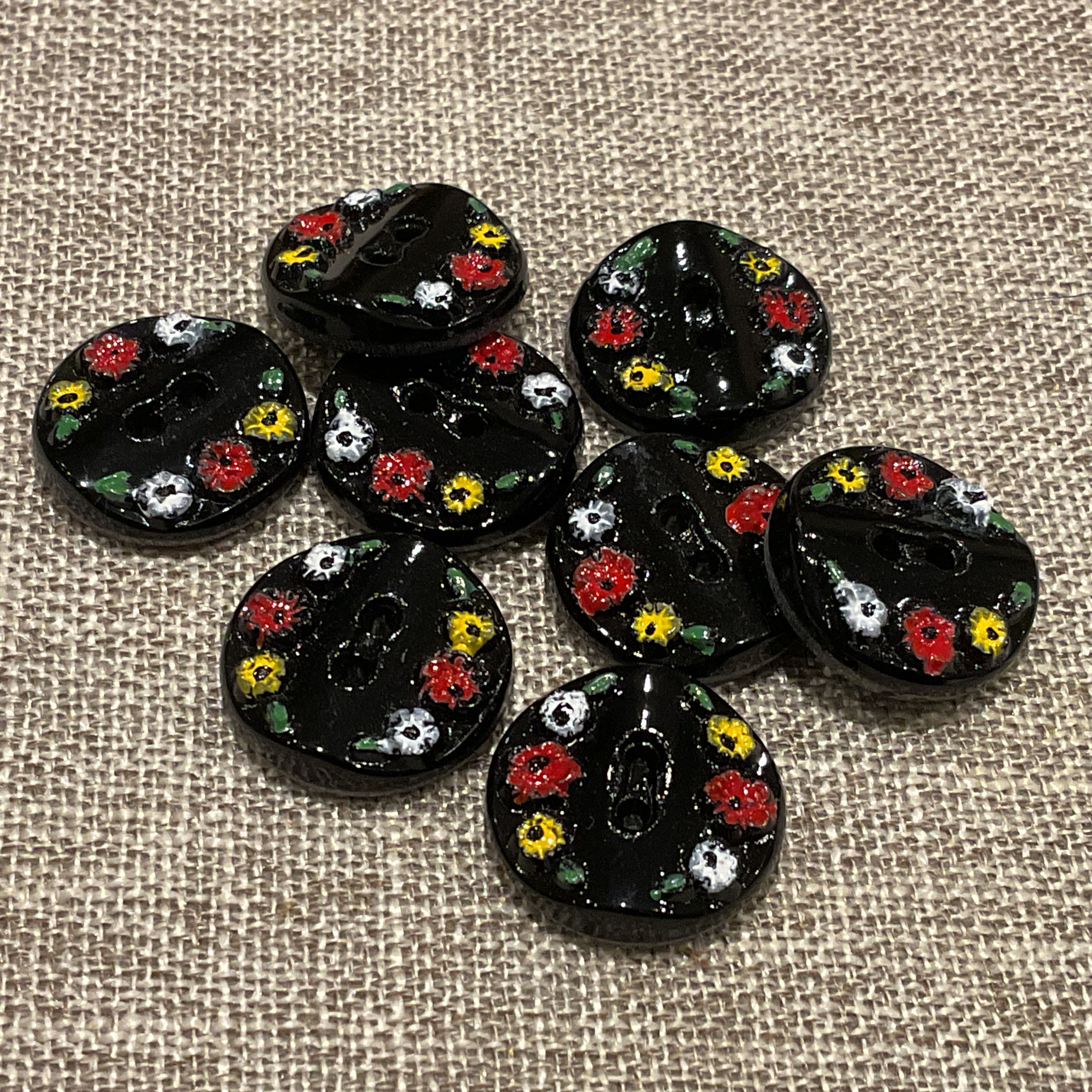 Vintage Black Glass Floral Buttons x5
