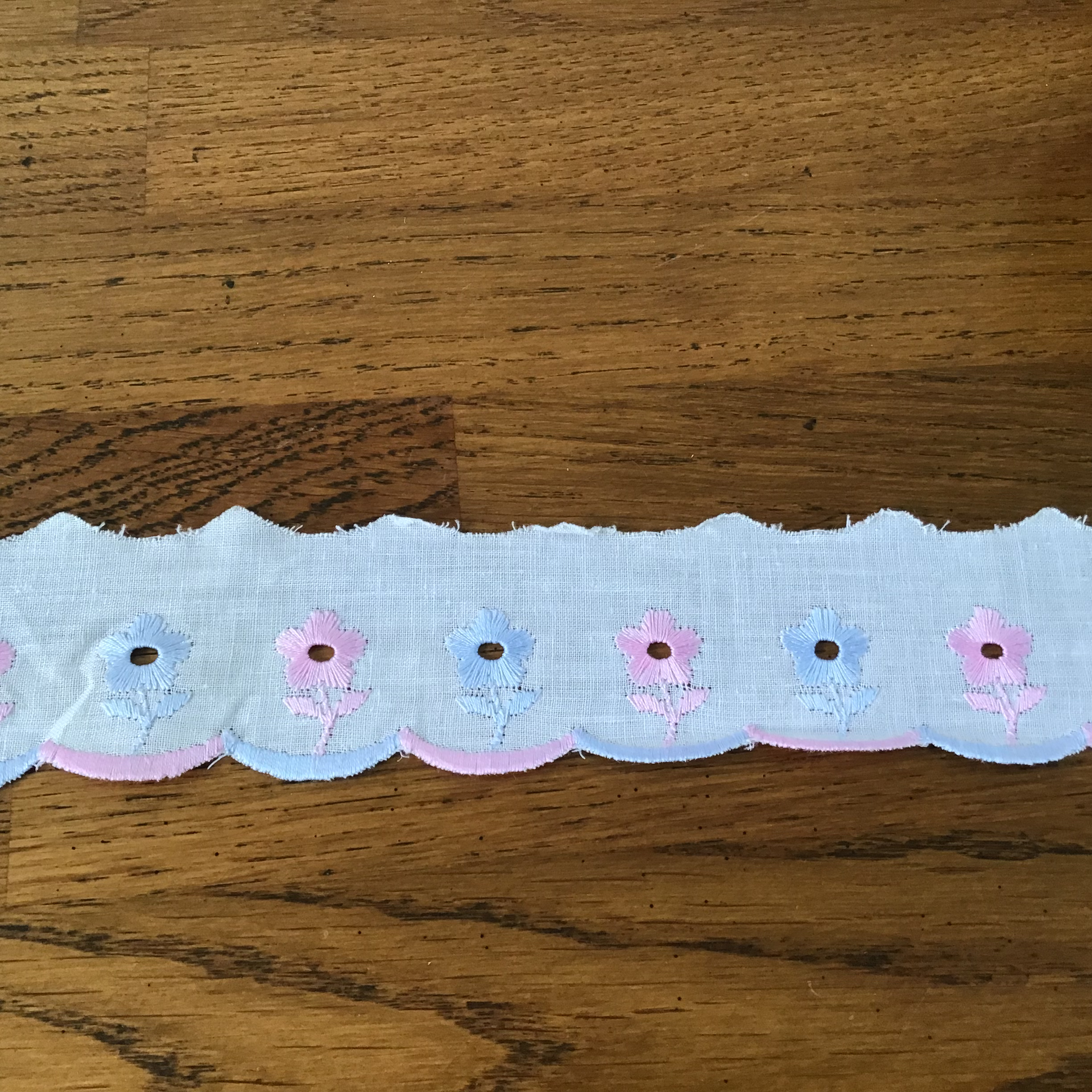 Narrow Broderie Anglaise Cotton Lace - White Pink Blue