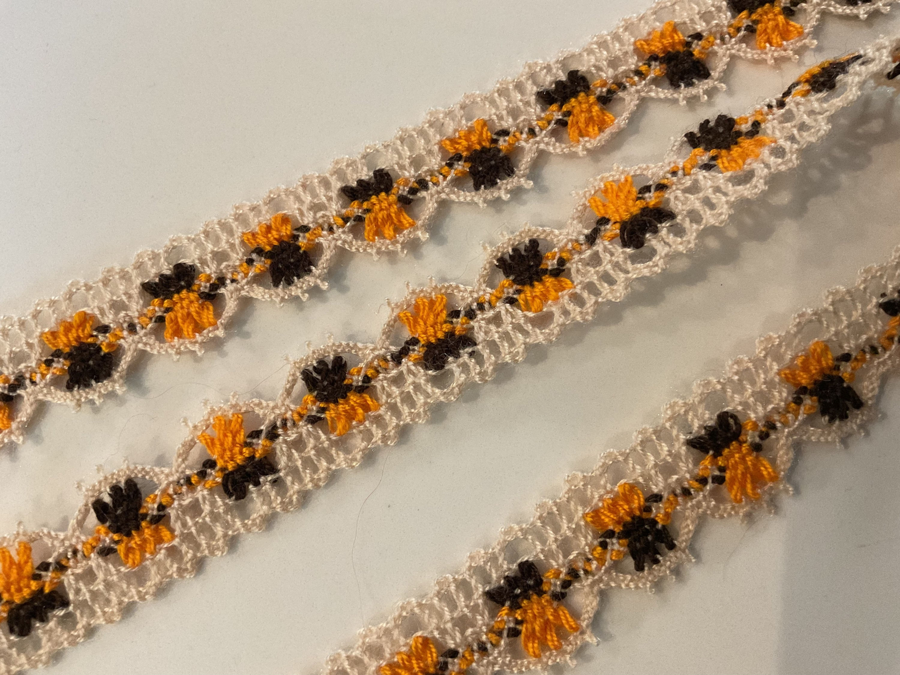 Vintage Ivory, Yellow, Brown Cotton Crochet Style Lace Trim/ 2cm