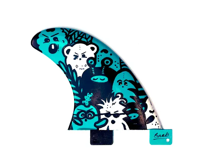 Barbtropolis 'Forest Mini' artwork on surfboard fin
