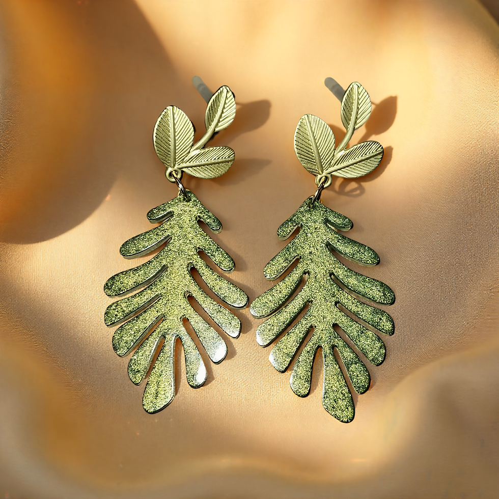 Thumbnail: Botanical Leaf Dangle Earrings – Gold & Green Resin Fern Design

