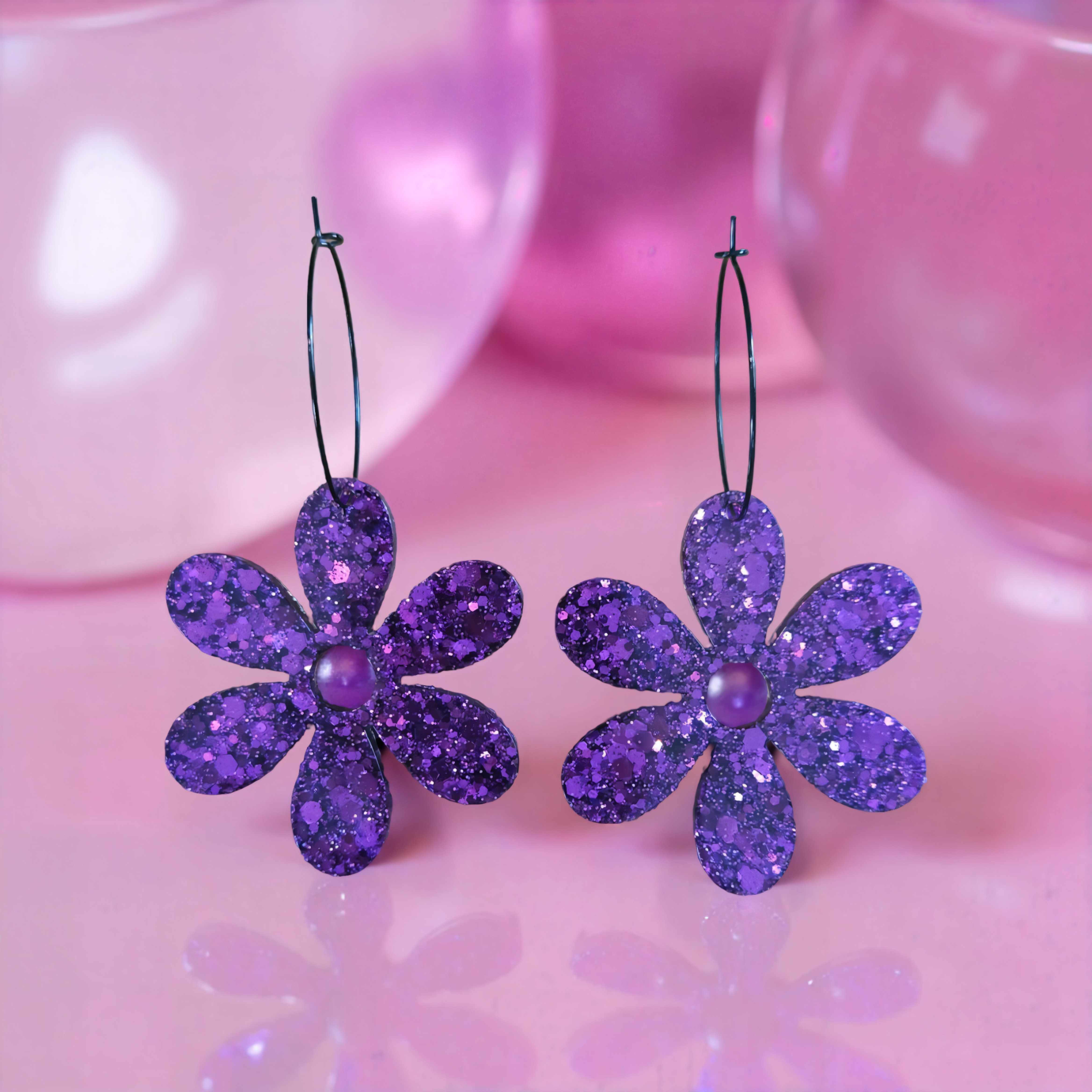 Purple Glitter Daisy Earrings – Retro Flower Power Dangles
