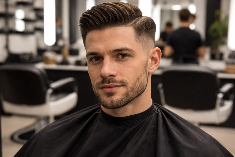 Close-up of a barber cutting a man's hair with precision in a modern salon