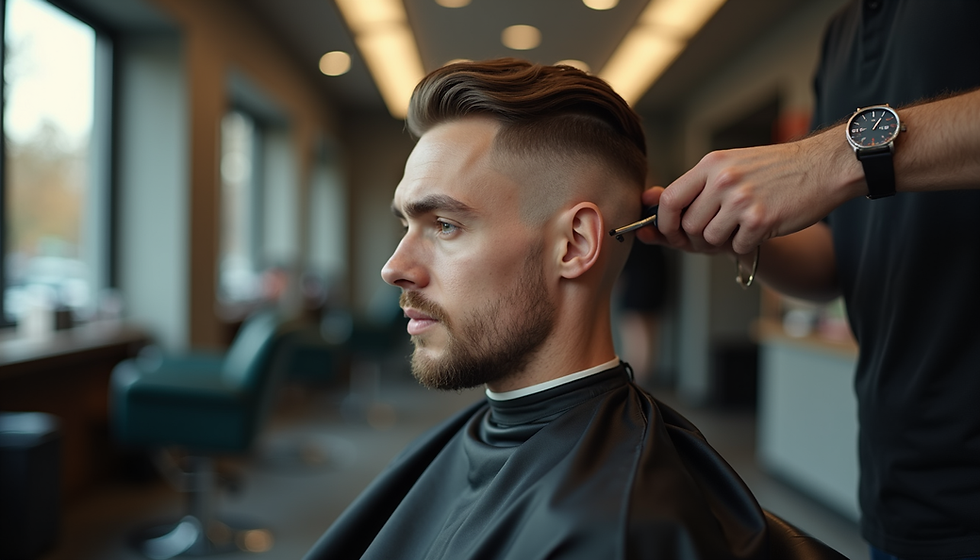Close-up of a barber cutting a man's hair with precision in a modern tekniques salon