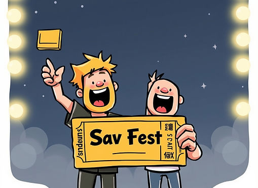 Excited rockers holding golden tickets cartoon SavFest on ticket.jpg