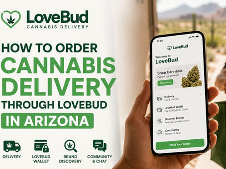Promotional LoveBud graphic showing a person holding a smartphone displaying the LoveBud cannabis delivery app. The image includes the headline “How to Order Cannabis Delivery Through LoveBud in Arizona” alongside icons representing delivery, LoveBud Wallet, brand discovery, and community chat. An Arizona desert landscape is visible in the background, highlighting cannabis delivery services available throughout Arizona.