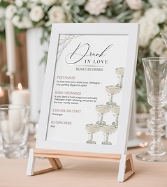 Framed signature drinks menu titled “Drunk in Love” displayed on a wedding table.
