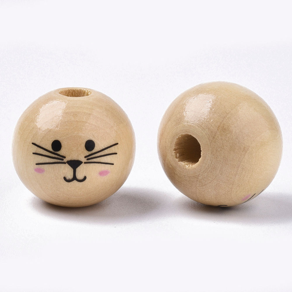 Natural Wood European Beads, Waxed and Printed, Undyed, Cat face, White - 20mm