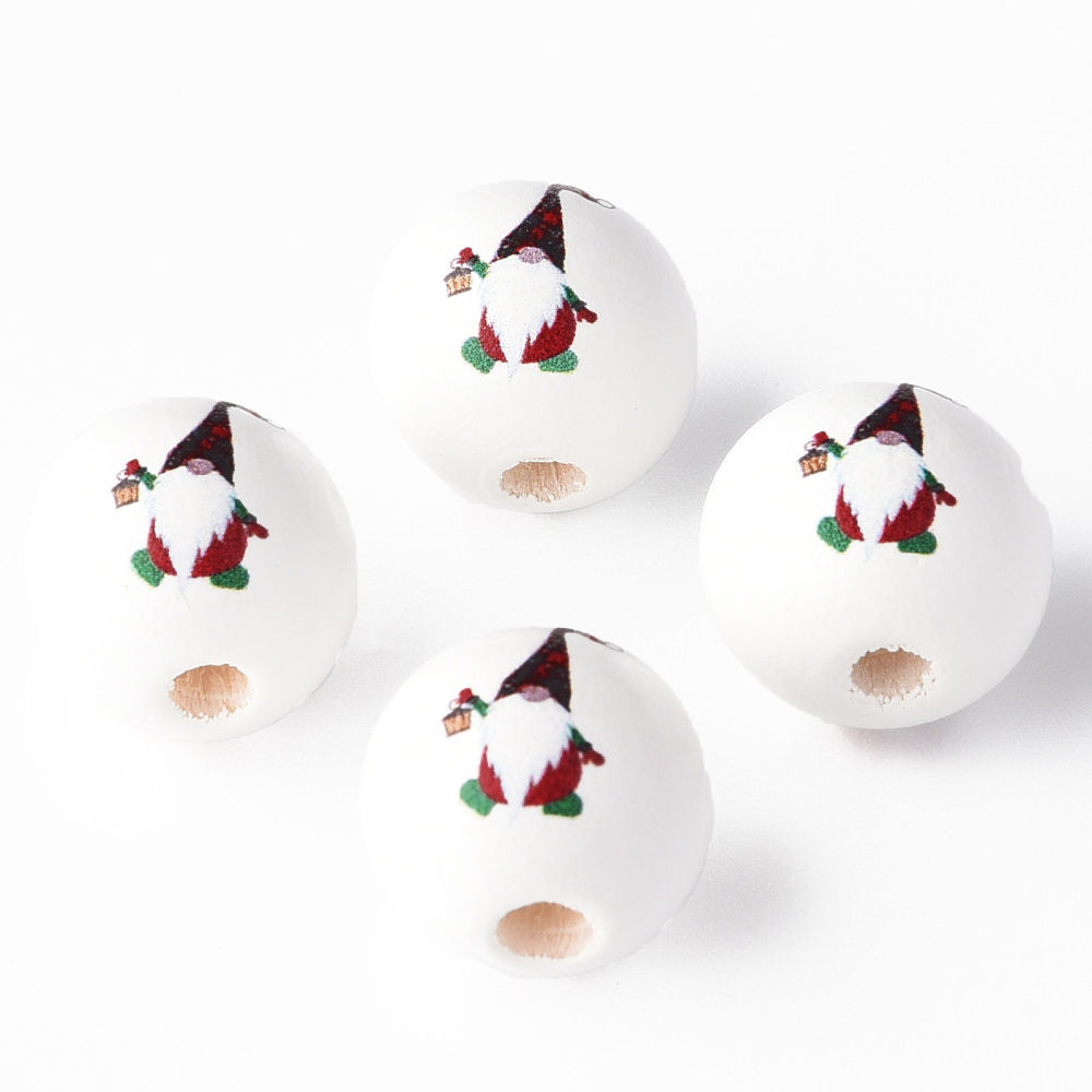 Painted Natural Wood Round Beads, Gnome, Christmas, Red - 16mm