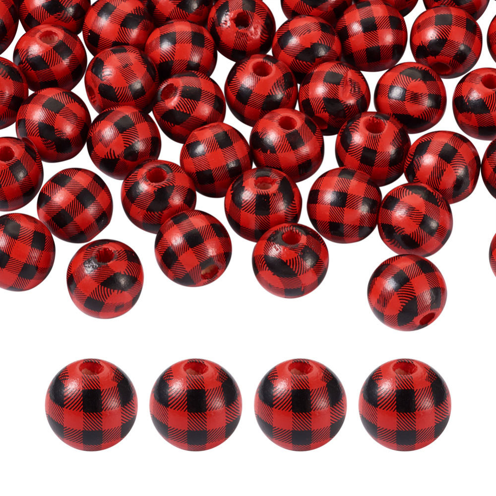 Natural Wooden Tartan Plaid Beads, Round, Round, Red w/ Black - 16mm