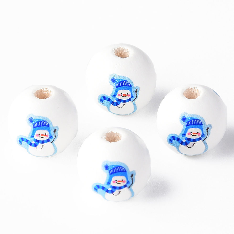Thumbnail: Snowman, Painted Natural Wood Round Beads, Christmas, Cornflower Blue - 16mm
