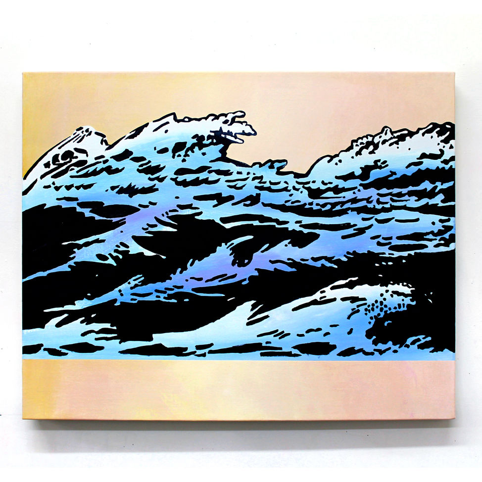 Painting of a Black and blue tidal wave with magical sunset by David Clarkson