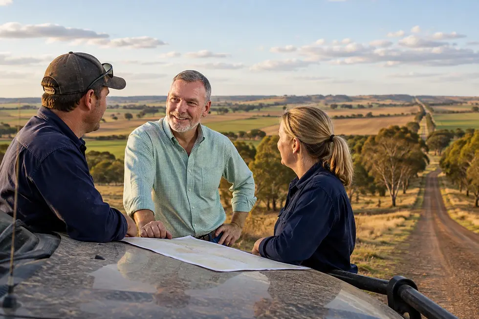 Robert from AF Consulting discussing farm business priorities with a farming couple beside a ute in the Wimmera.