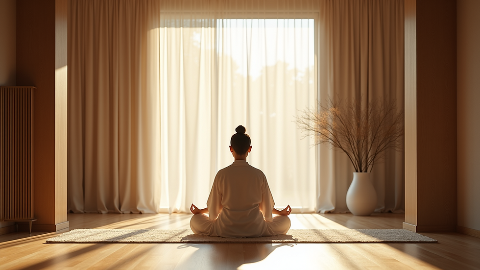 Eye-level view of a serene meditation room with natural light
