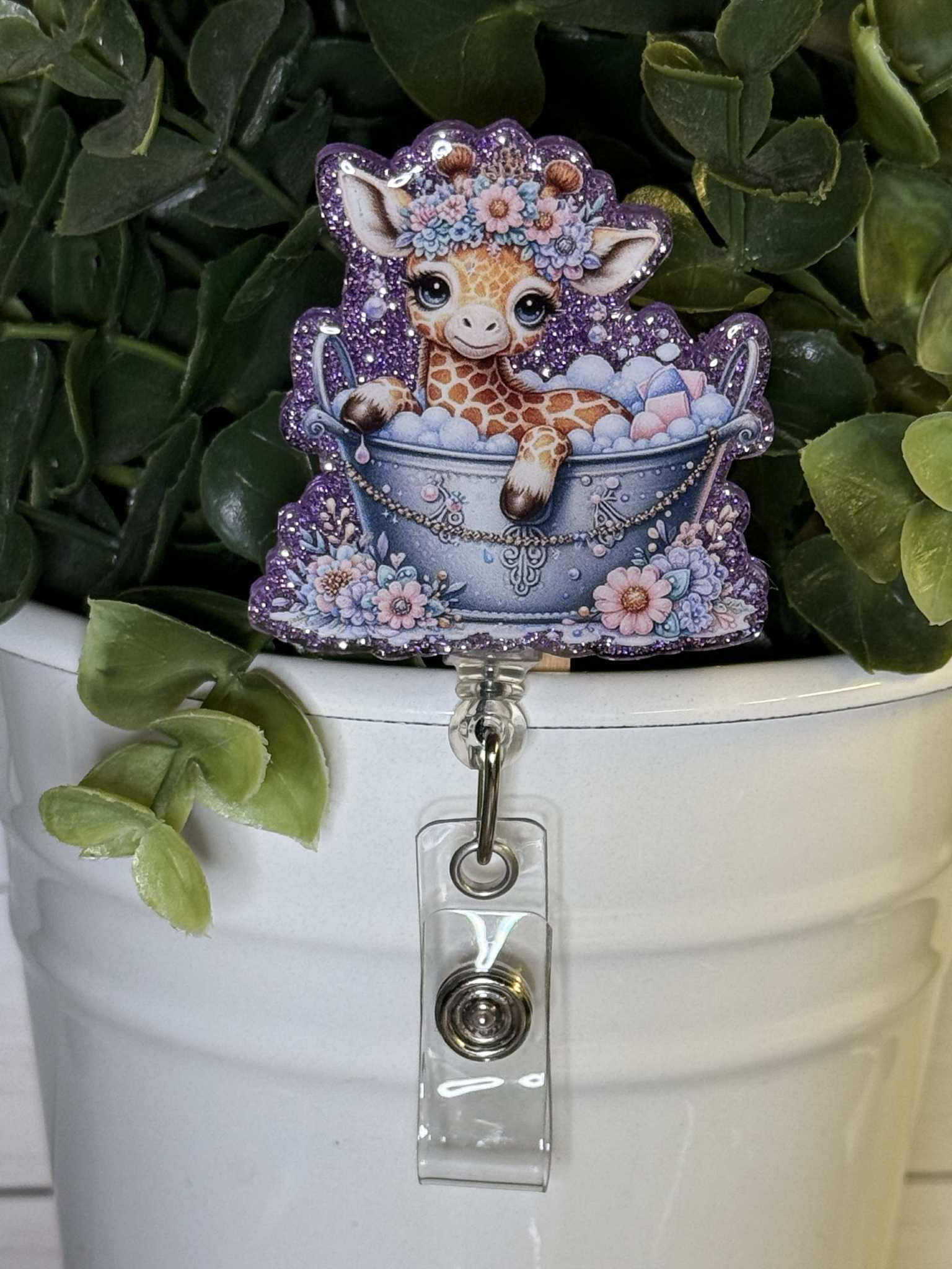 Giraffe in tub-Purple Glitter