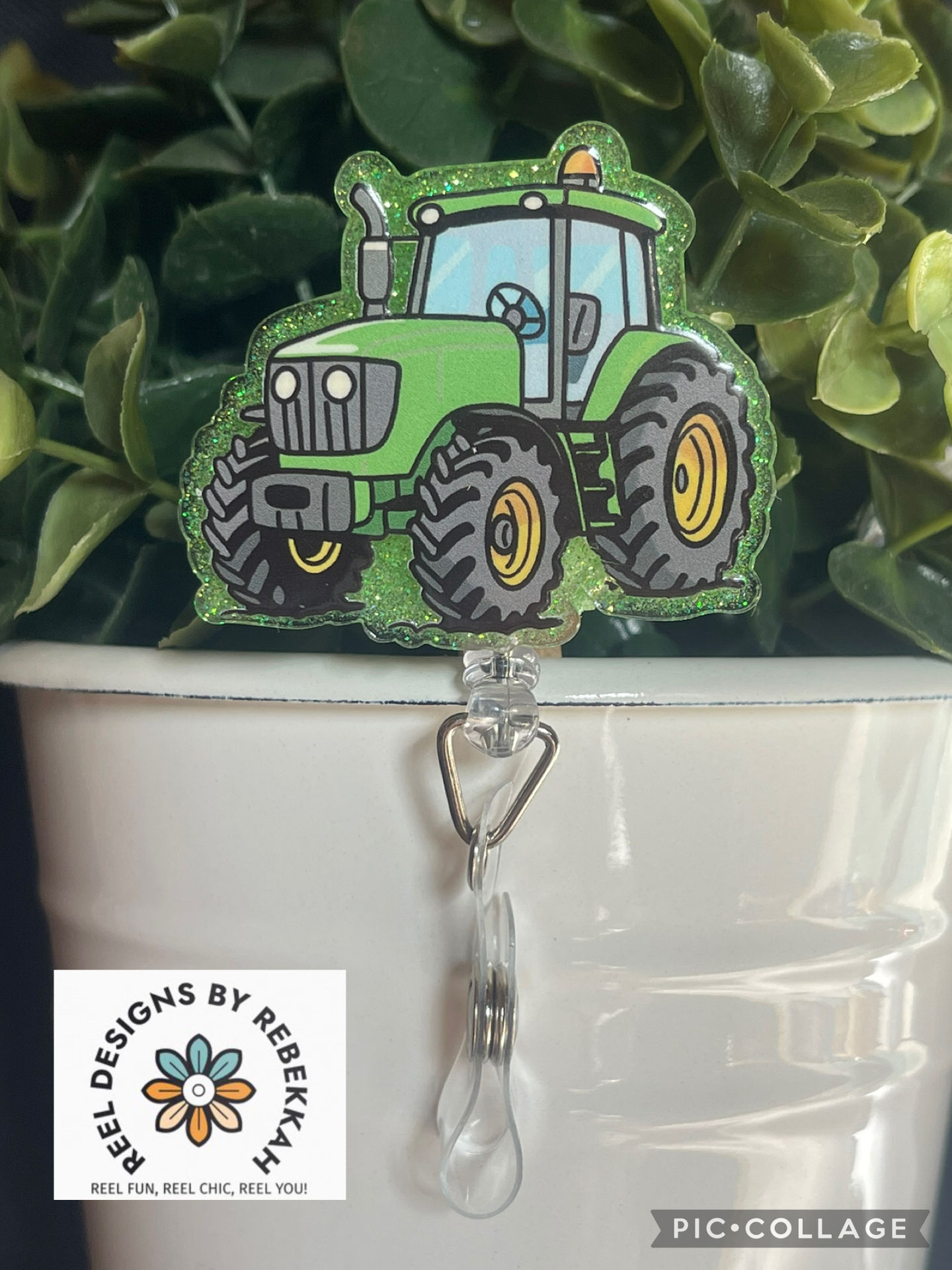 HAND DRAWN Blue tractor-green glitter